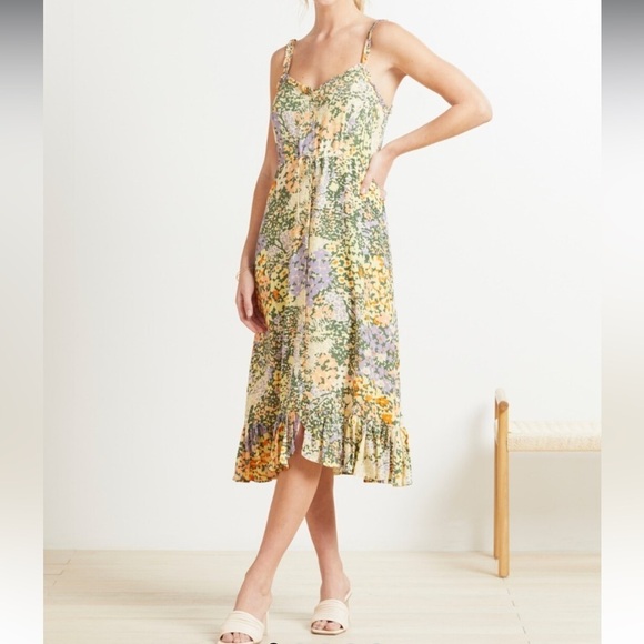Evereve Rails Adalyn Midi Dress in Gardenia Floral Print Green Yellow Ruffle S - Picture 5 of 16